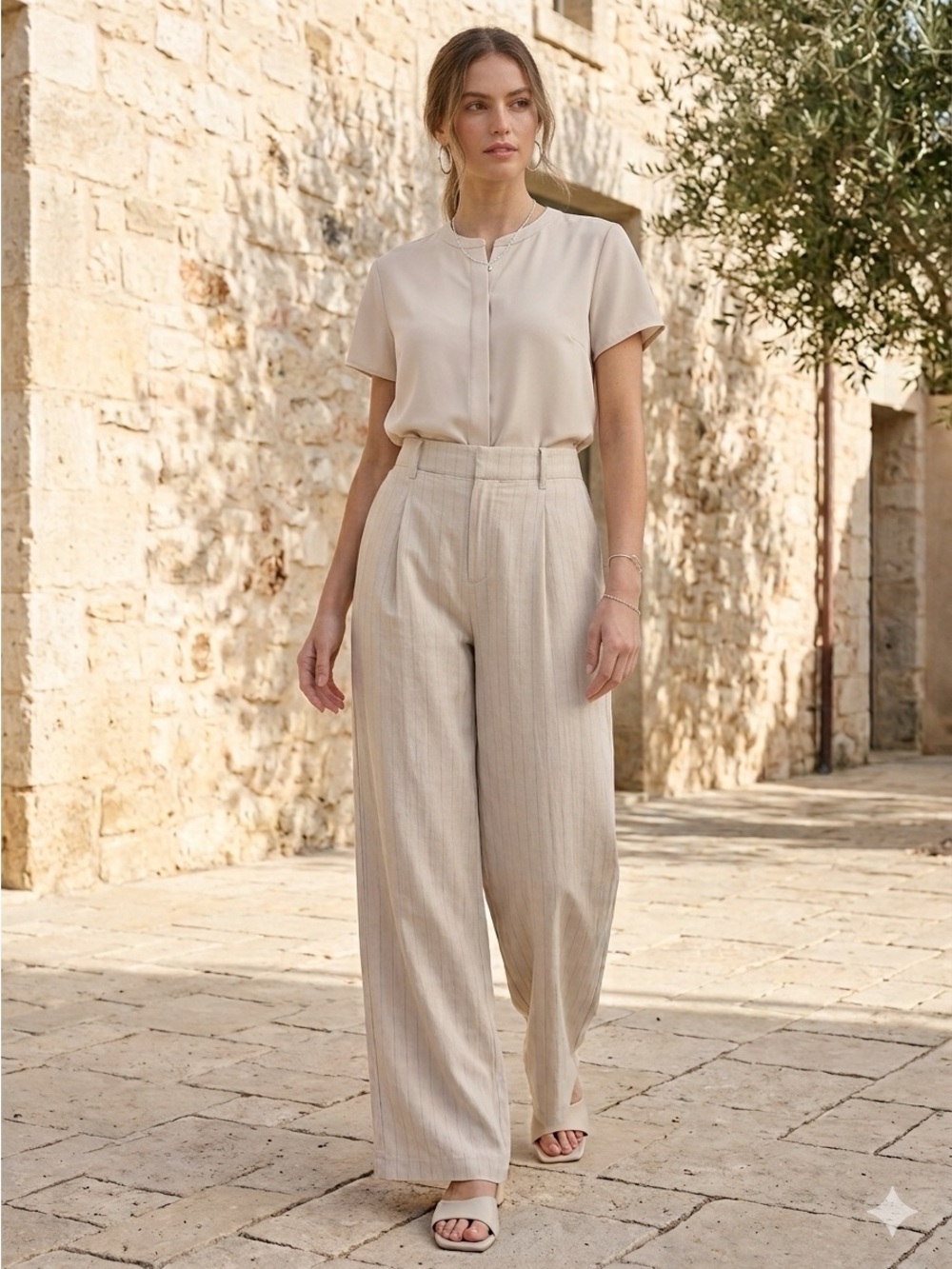 Sanctuary Wide-Leg High-Waist Linen Pants in Light Taupe Stripe
